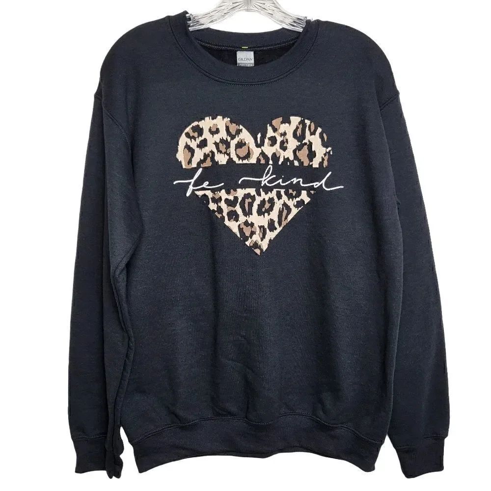 Be Kind Black Leopard Heart Pullover Sweater Size Small